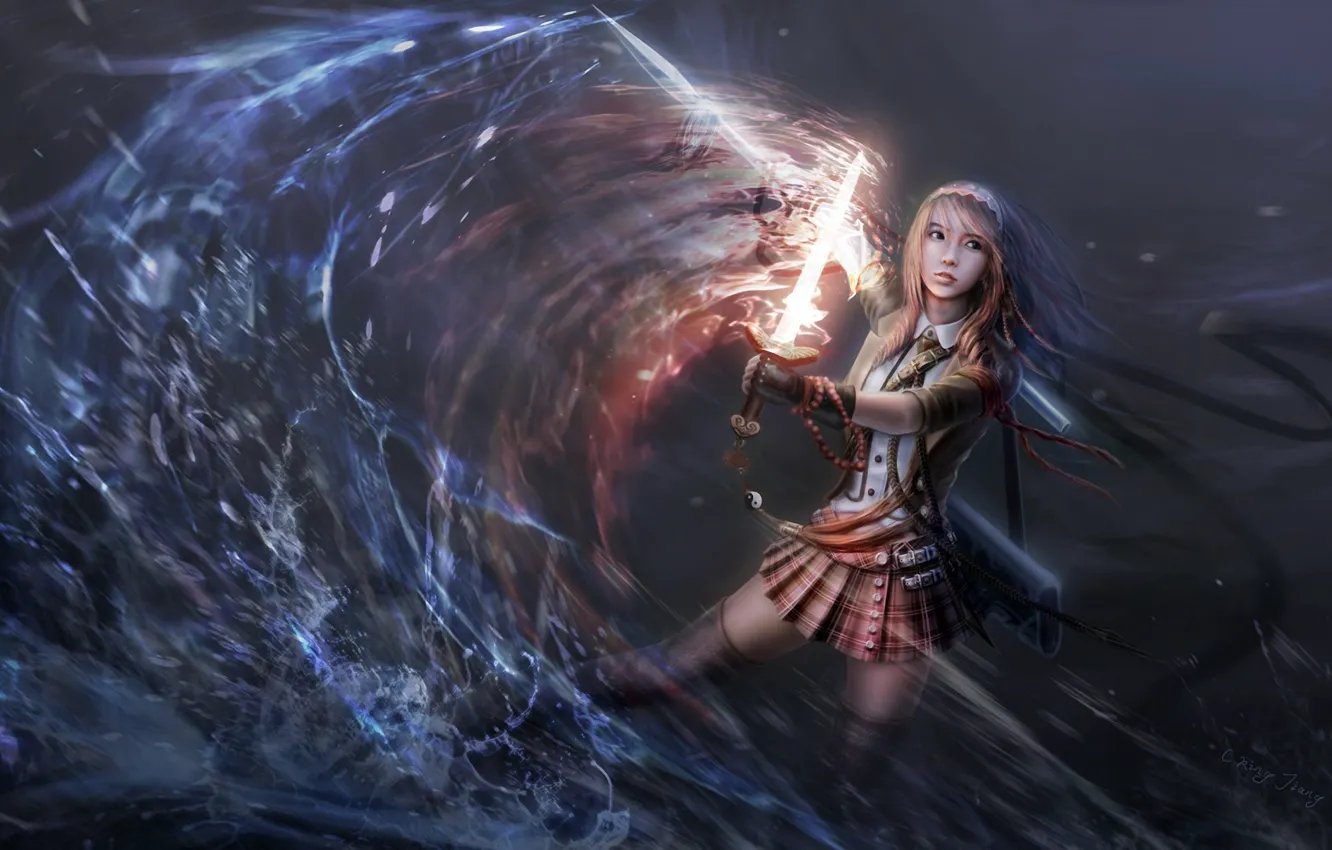 Photo wallpaper water, girl, lights, magic, art, spear, blade
