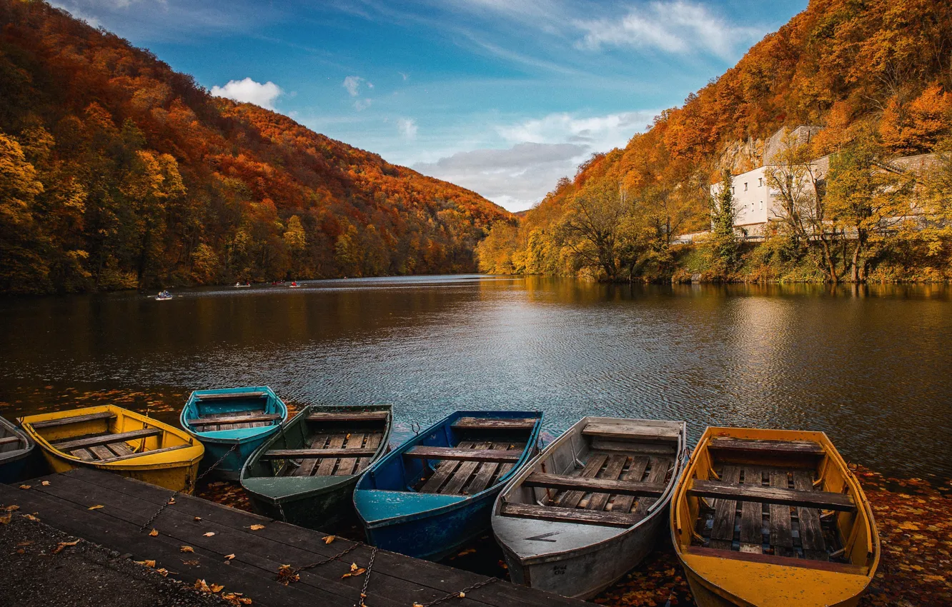 Photo wallpaper autumn, forest, the sky, leaves, water, clouds, trees, lake