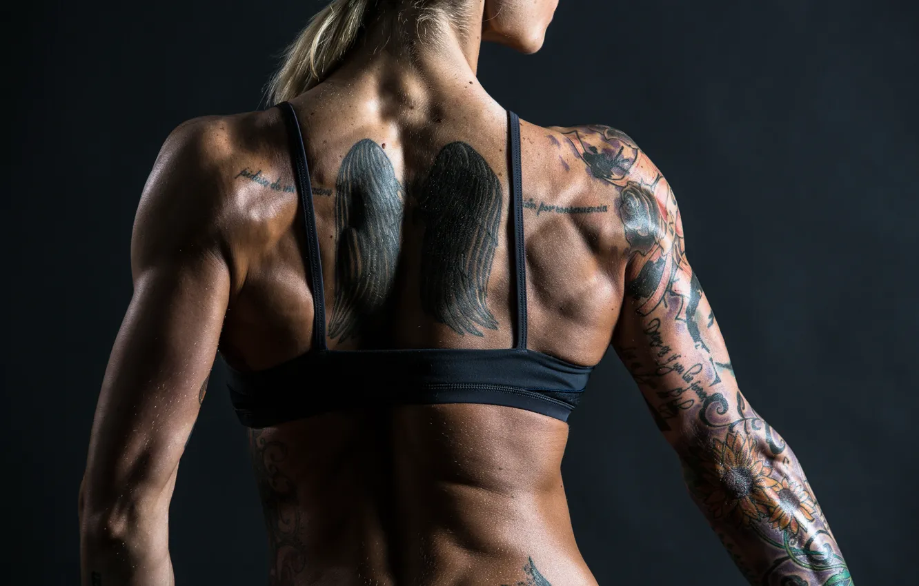 Photo wallpaper muscles, back, tattoos, physical activity