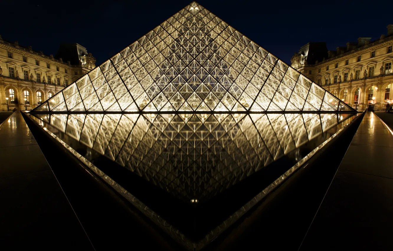 Photo wallpaper light, night, the city, reflection, France, Paris, The Louvre, pyramid