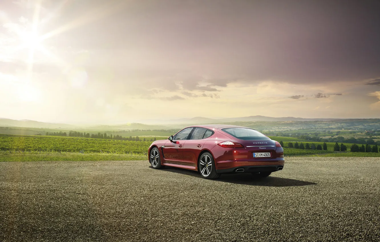 Photo wallpaper the sun, Porsche, Panamera, Doroga Dolina red