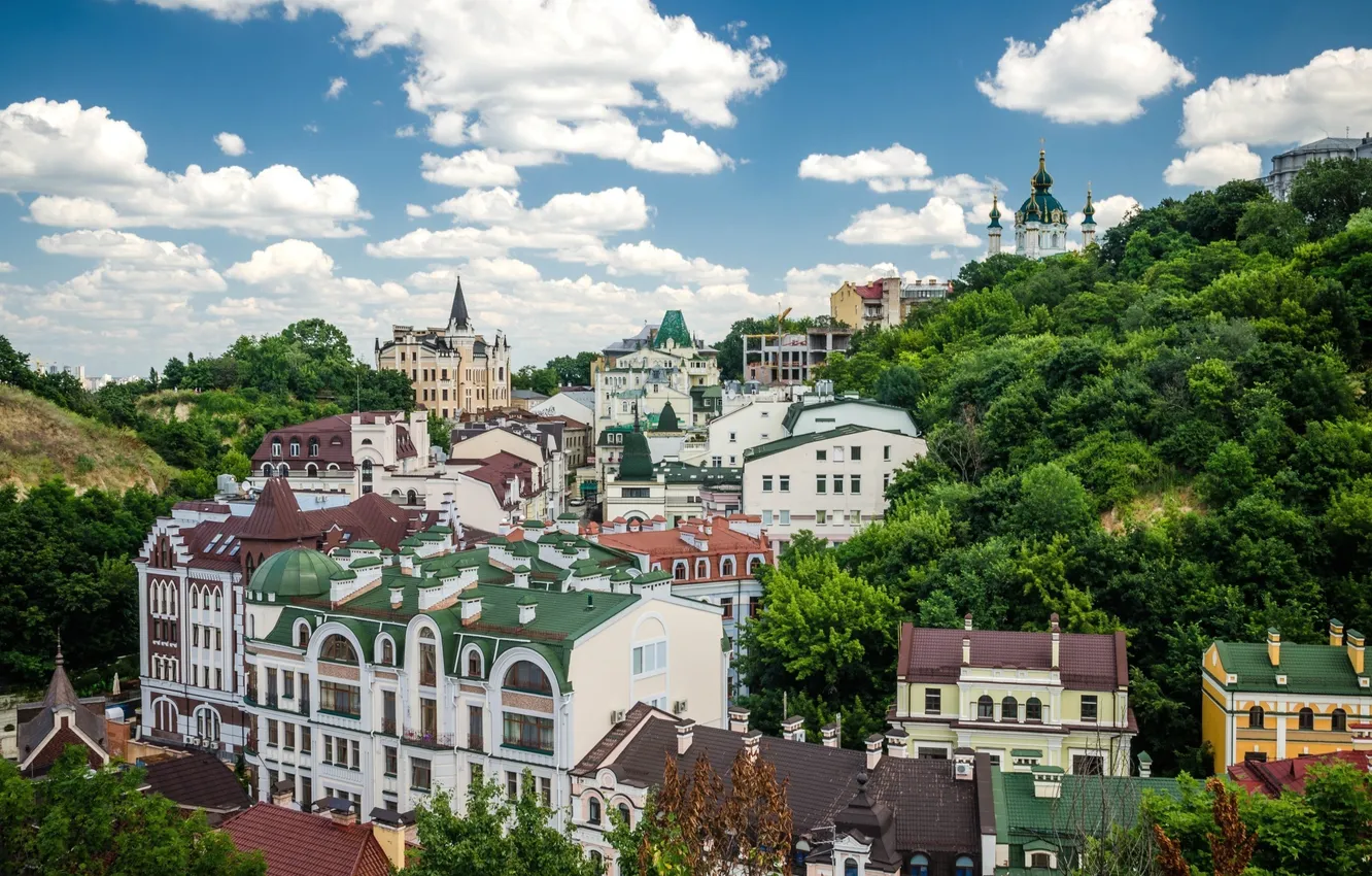Photo wallpaper the sky, clouds, trees, home, Ukraine, Kiev, St. Andrew's Church, city view