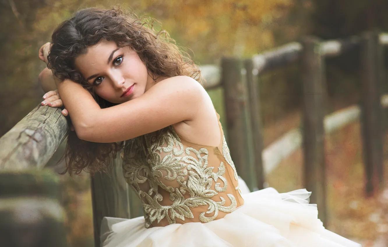 Photo wallpaper look, girl, reverie, dress, the fence, brown hair, curls