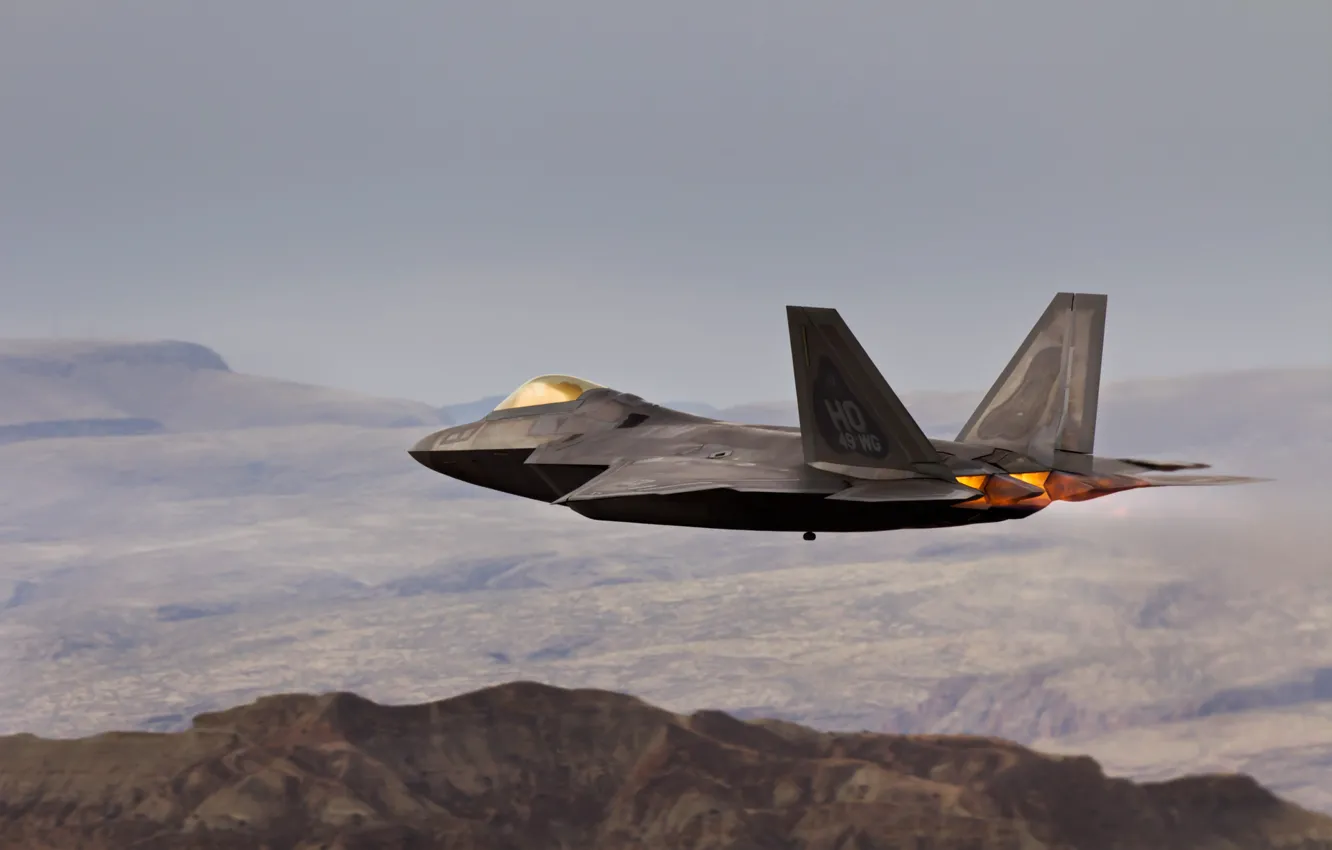 Photo wallpaper the sky, mountains, F-22, Raptor, Raptor, f-22