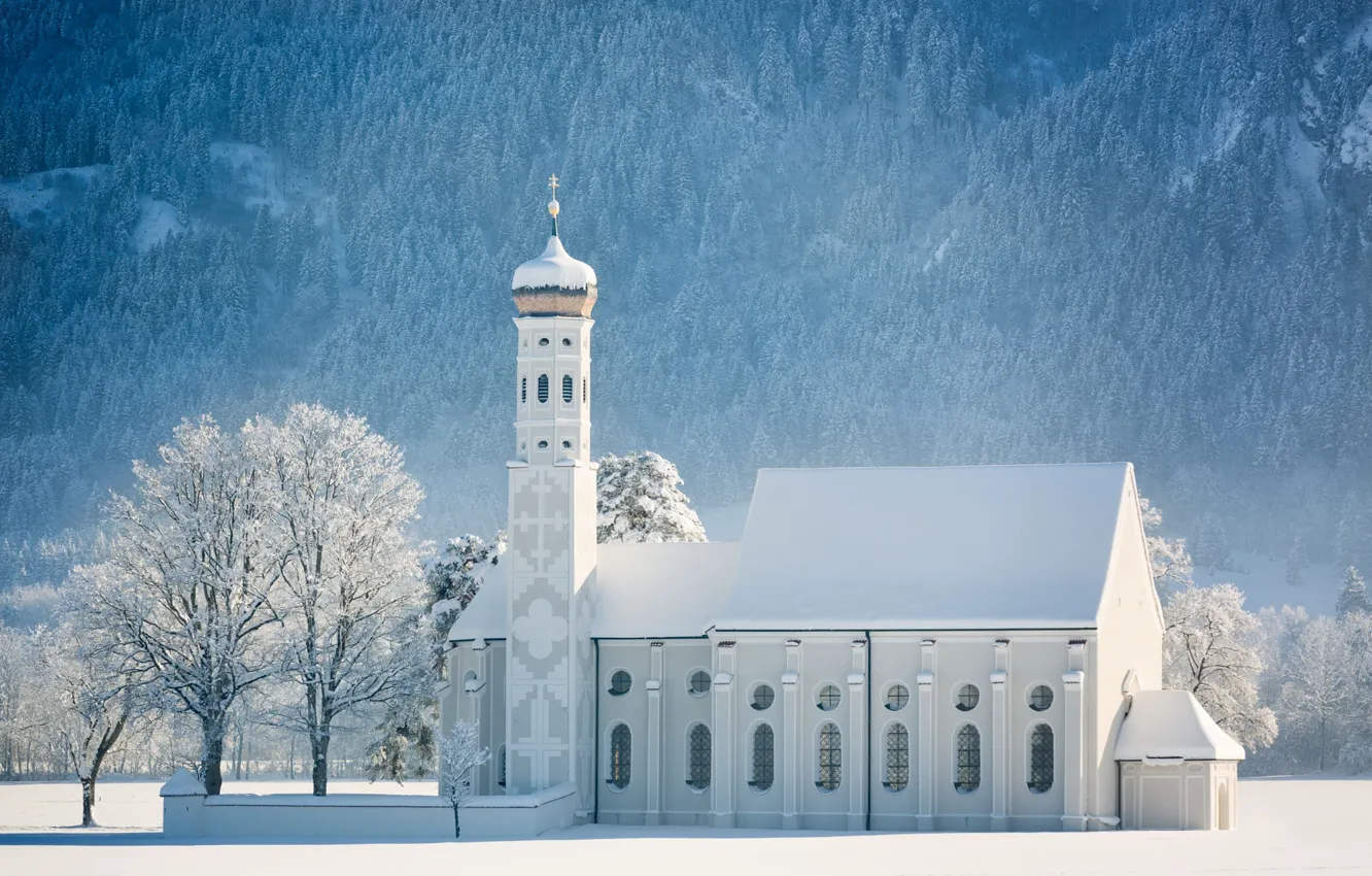 Photo wallpaper white, light, snow, Church, mountains, frost, architecture, trees