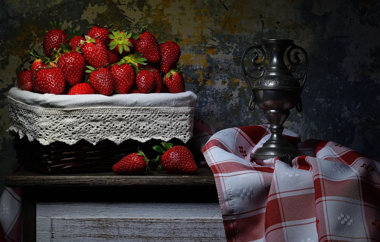 Photo wallpaper style, berries, strawberry, vase, still life, basket, napkin