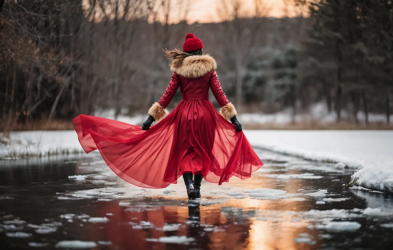 Photo wallpaper winter, road, forest, girl, snow, red, nature, pose