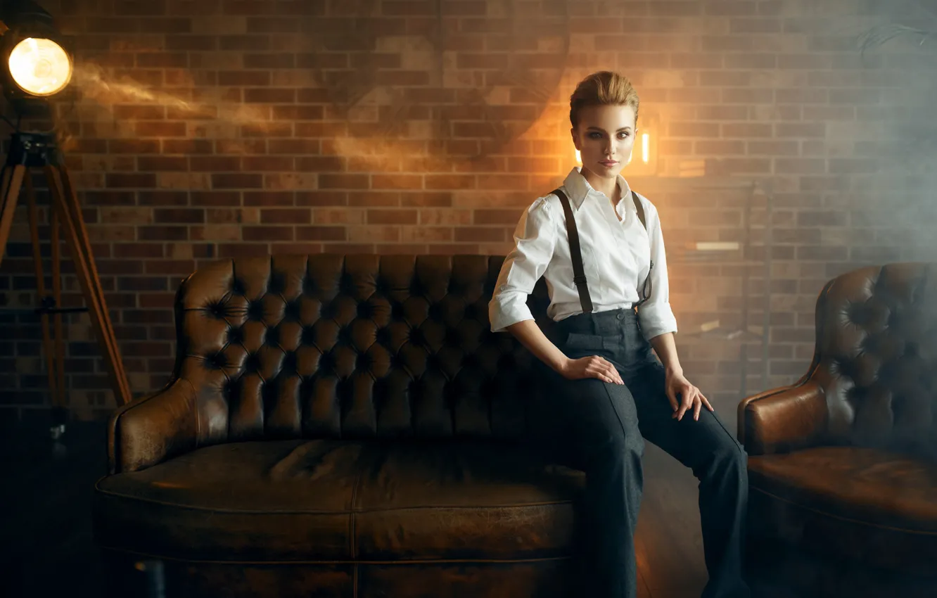 Photo wallpaper girl, pose, sofa, wall, pants, braces, Max Kuzin, Olga Bit