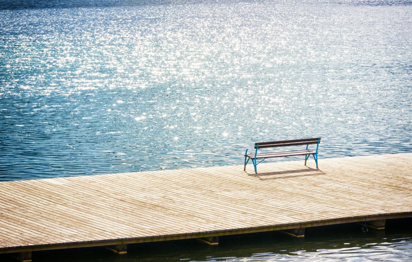 Photo wallpaper sea, wave, water, the sun, bench, glare, river, background