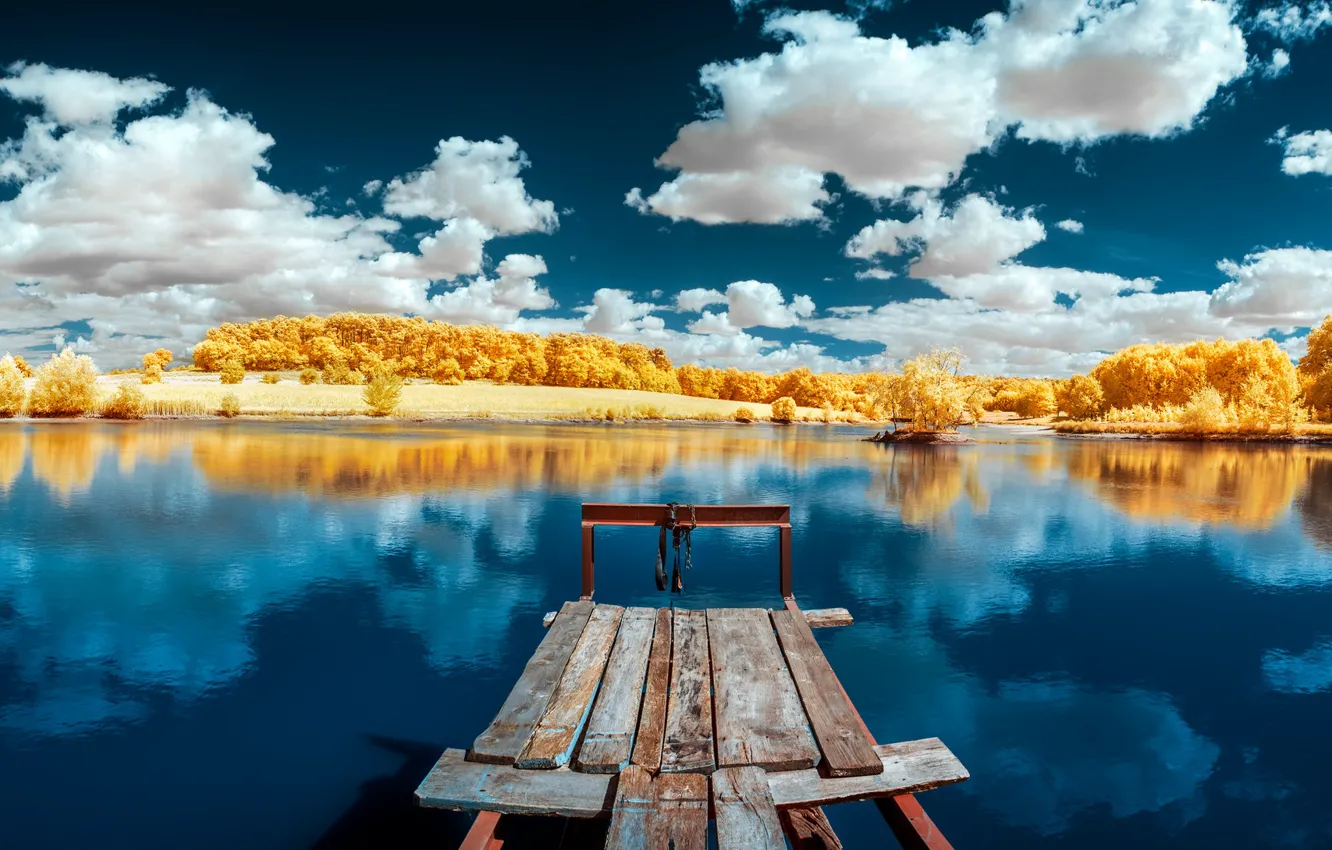 Photo wallpaper the sky, clouds, lake, the bridge