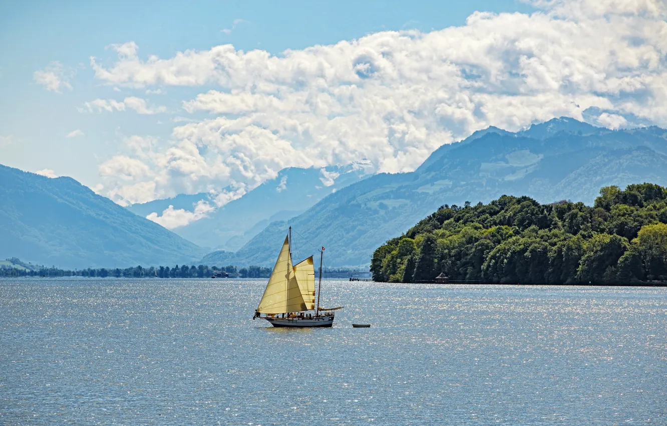 Photo wallpaper water, clouds, mountains, lake, sailboat, Switzerland