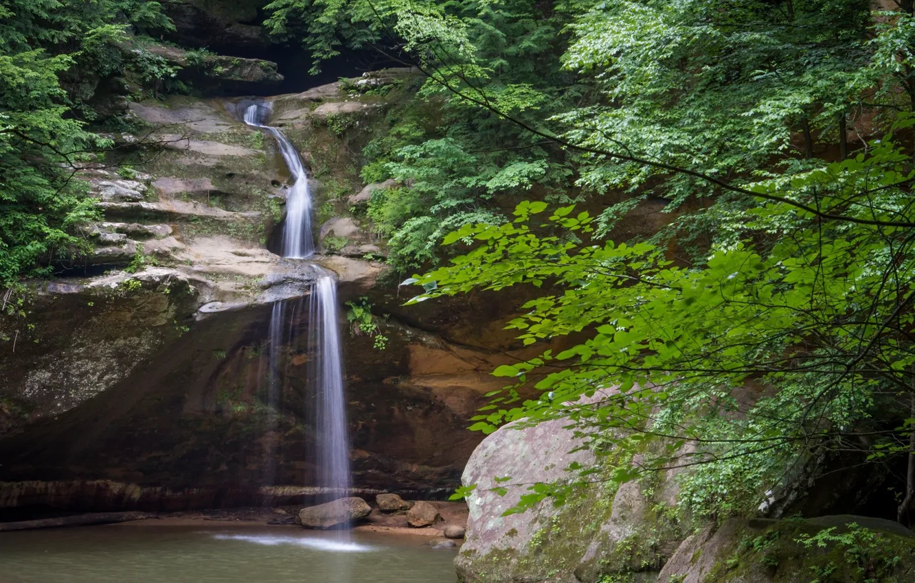 Photo wallpaper rocks, waterfall, lake