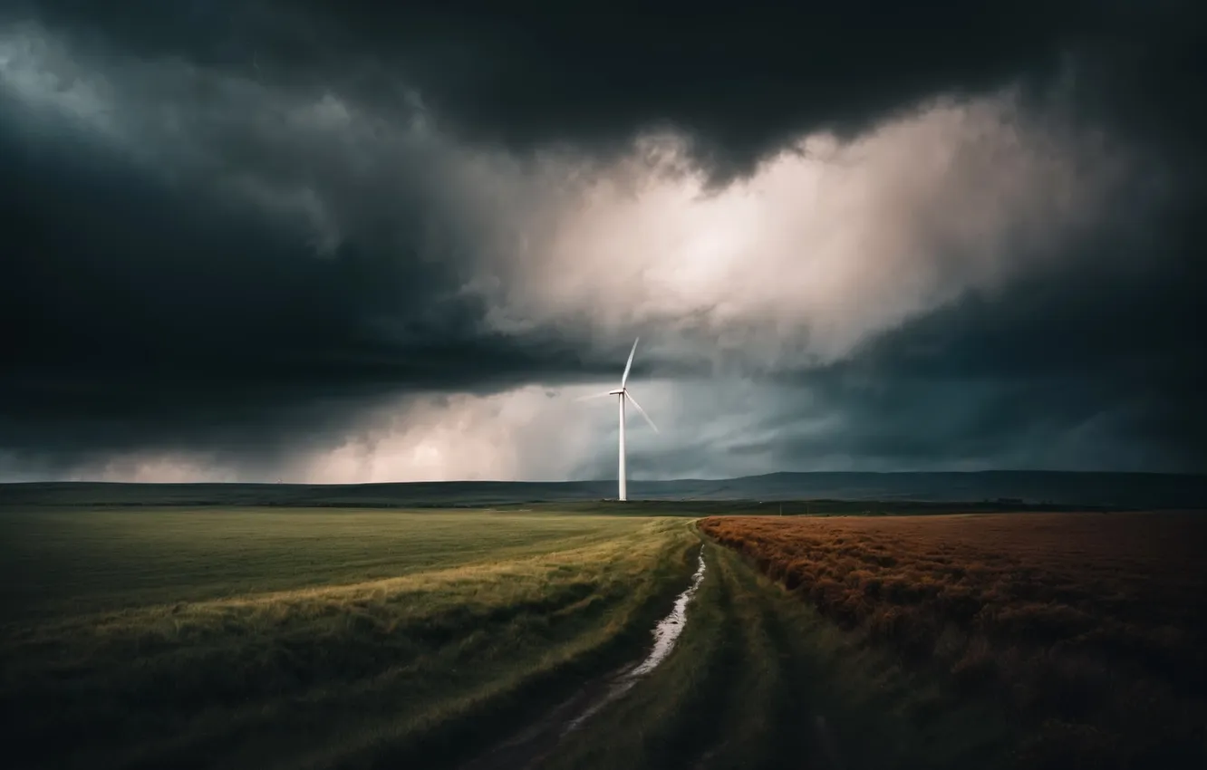 Photo wallpaper field, clouds, windmills