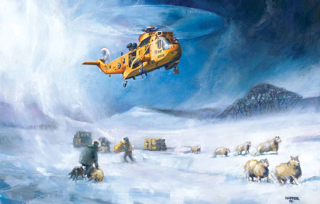 Photo wallpaper snow, figure, helicopter, rescuers, RAF, Sea King, Westland