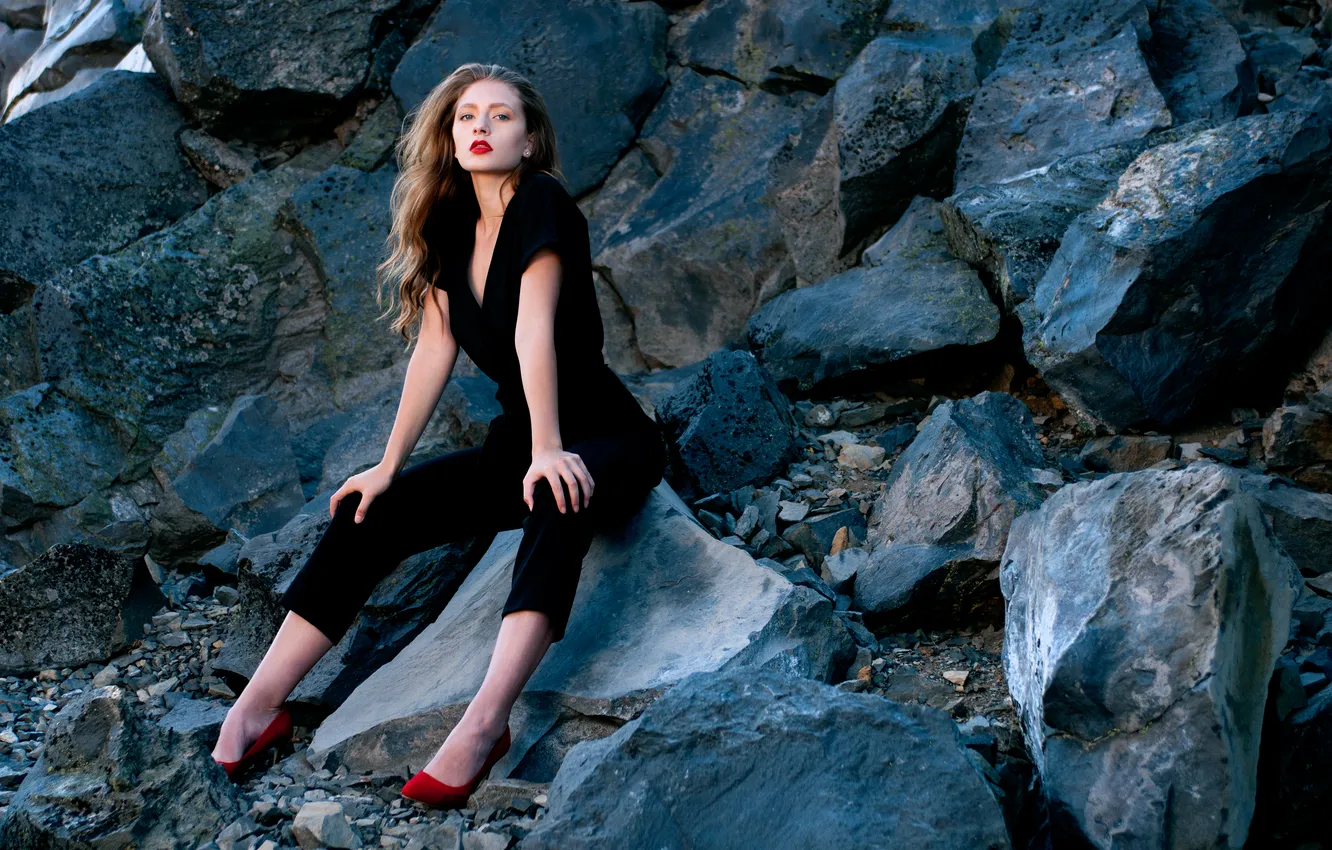 Photo wallpaper girl, pose, stones, jumpsuit, red lipstick, red shoes, Riley