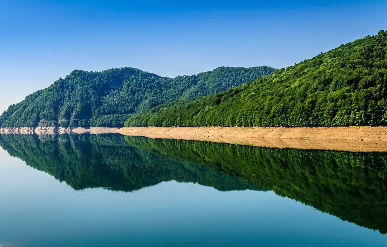 Photo wallpaper lake, reflection, mirror, blue sky, Romania, The Fagaras Mountains, Vidraru Arges river