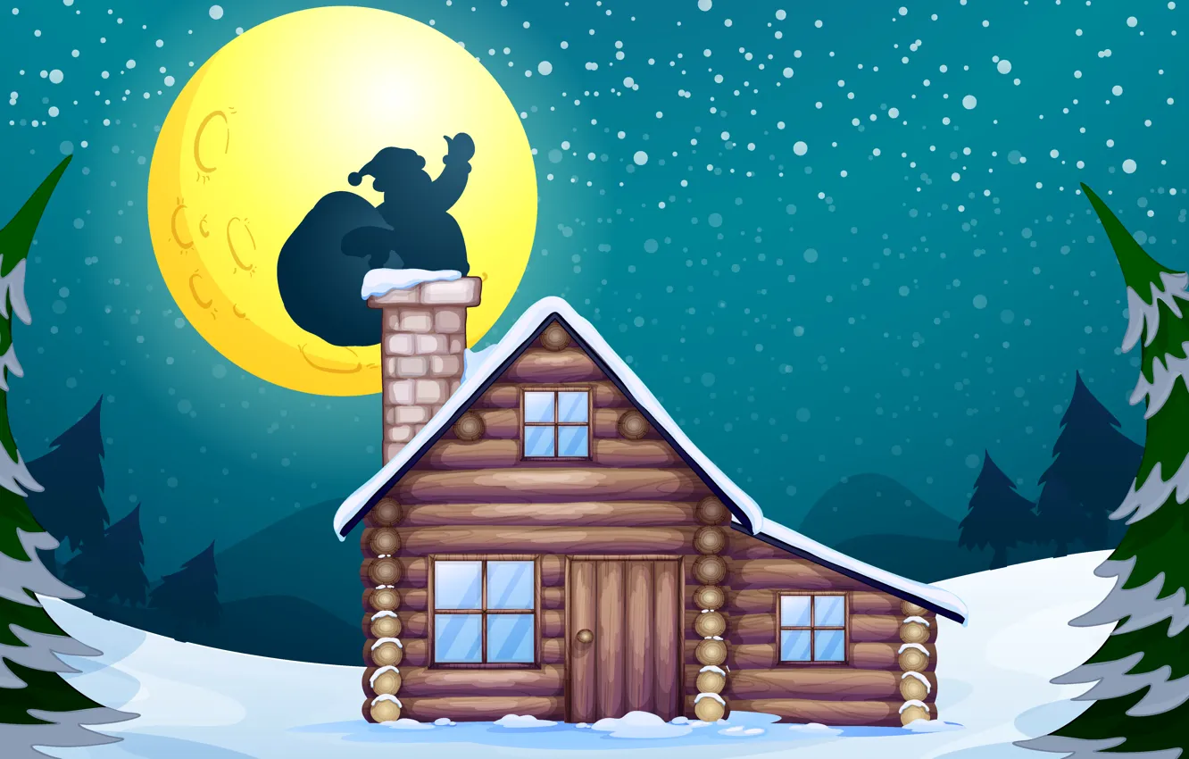 Photo wallpaper snow, house, tree, the moon, vector, graphics, new year, Christmas