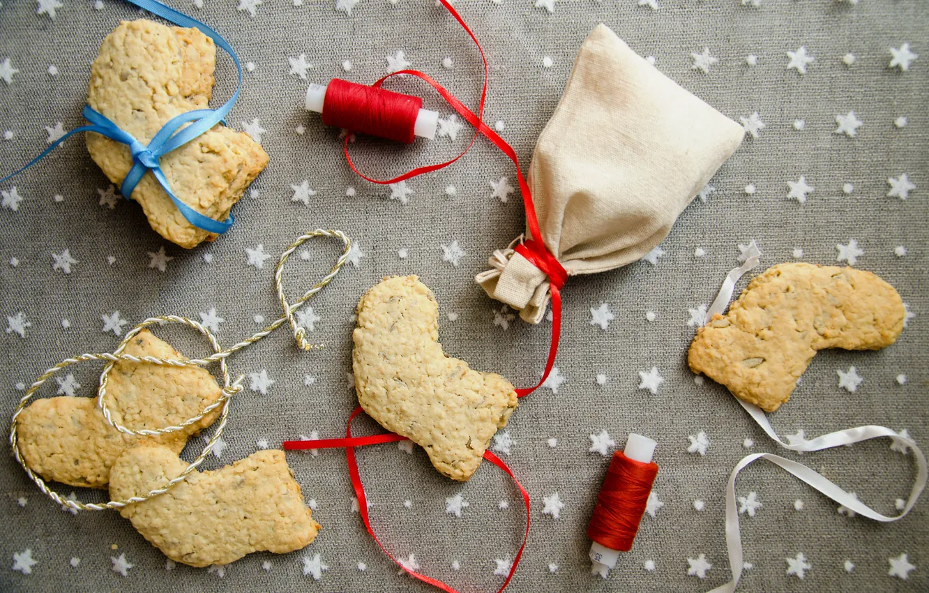 Photo wallpaper holiday, new year, Christmas, cookies, sweets, bows, bag, Christmas