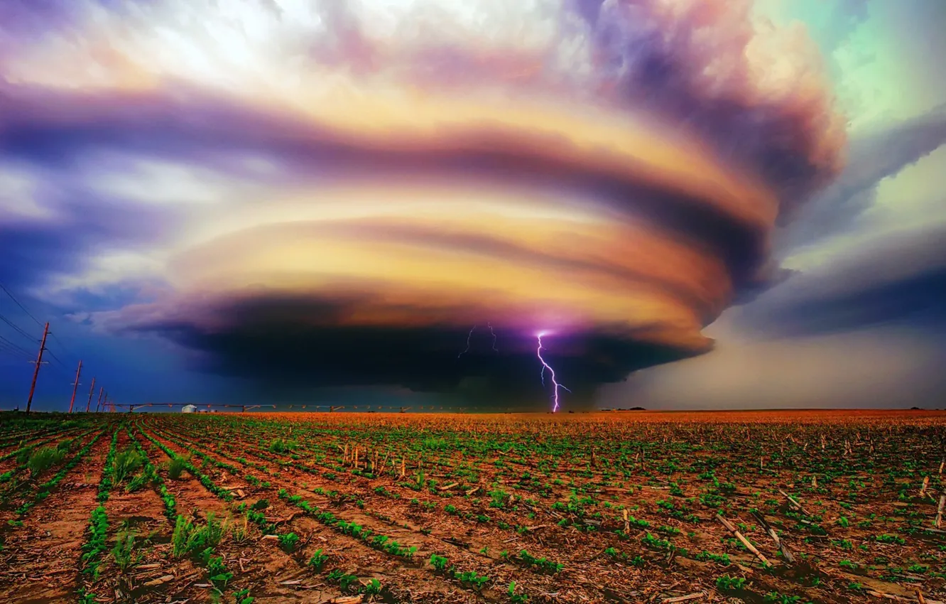 Photo wallpaper sky, field, nature, Storm, lightning, clouds