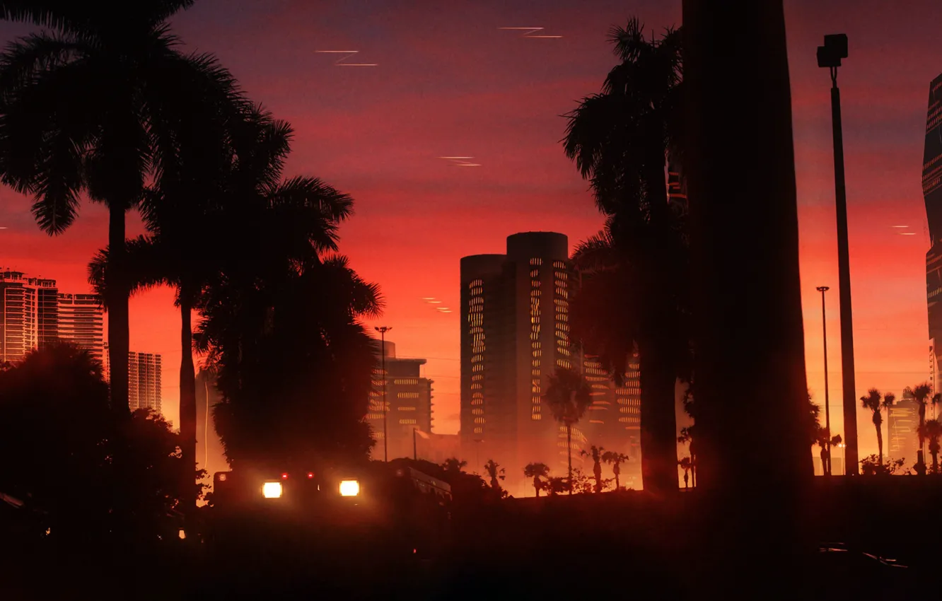 Photo wallpaper Sunset, Music, Style, Palm trees, Background, 80s, Style, Neon