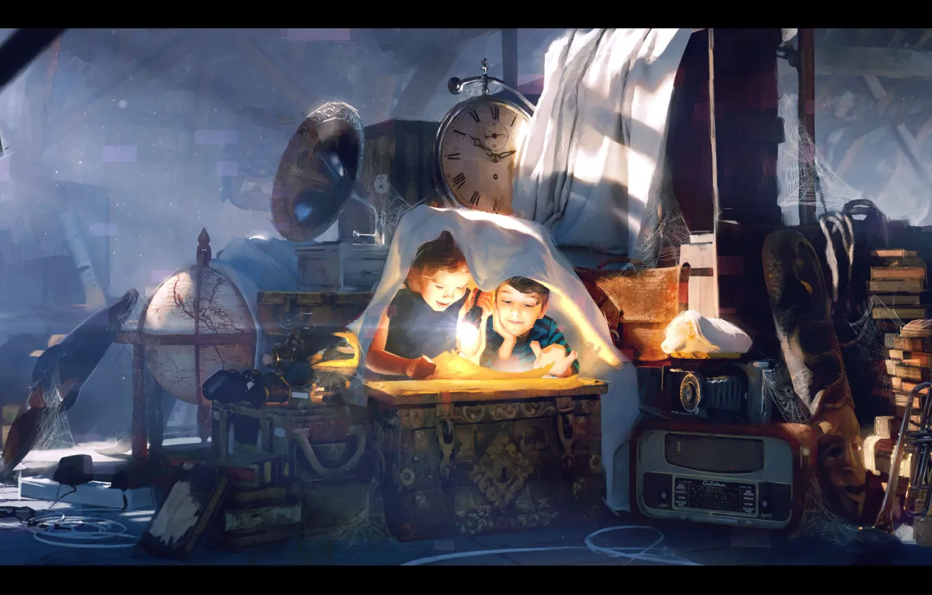 Photo wallpaper children, watch, pipe, flashlight, The Attic