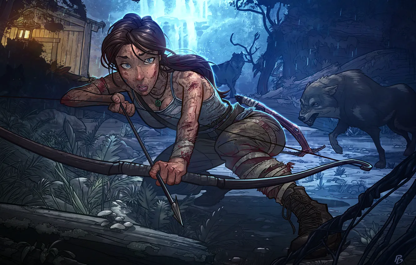 Photo wallpaper night, waterfall, wolf, bow, Tomb Raider, Lara Croft, Patrick Brown, PatrickBrown