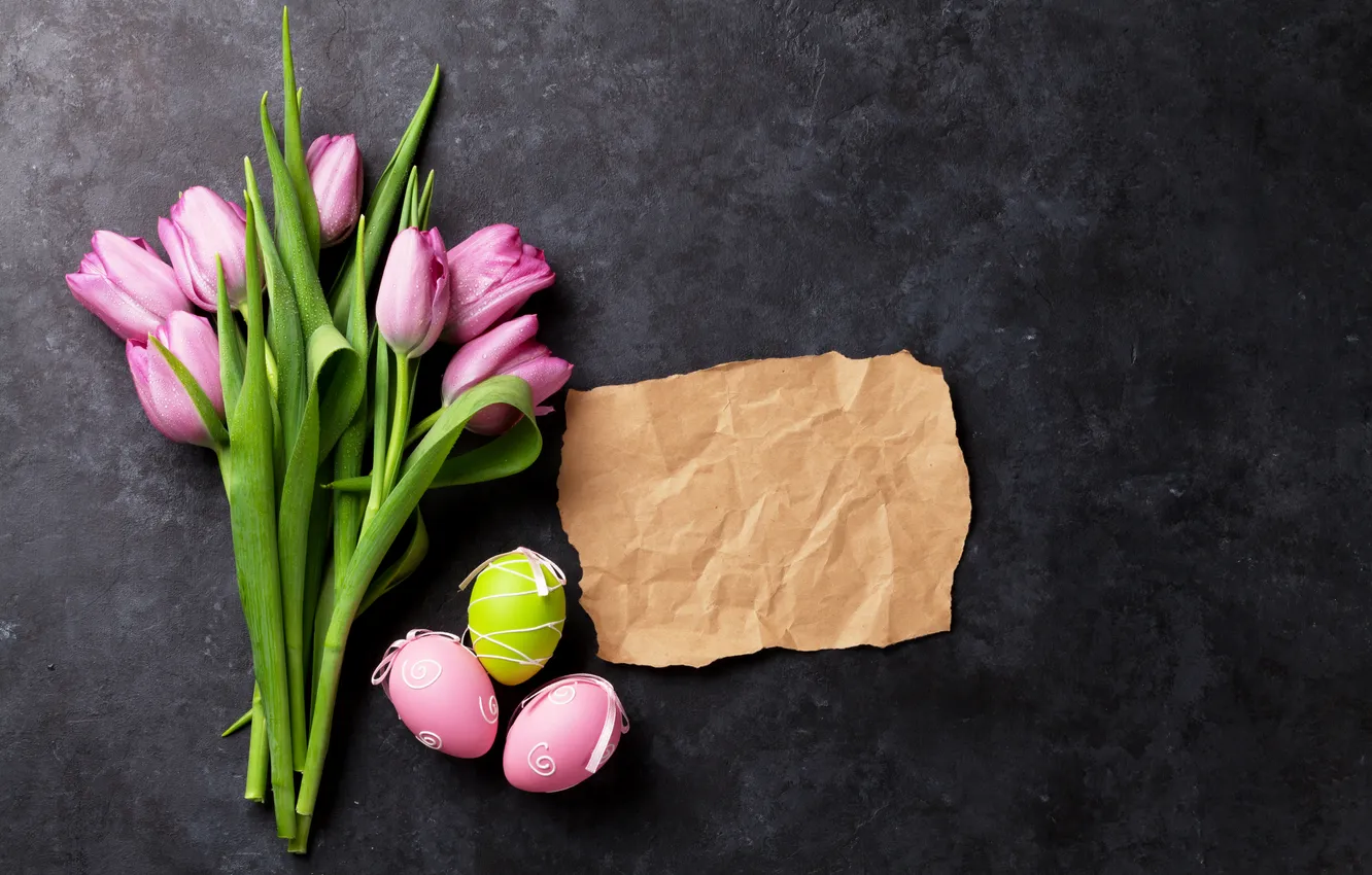Photo wallpaper flowers, eggs, spring, Easter, tulips, happy, pink, flowers