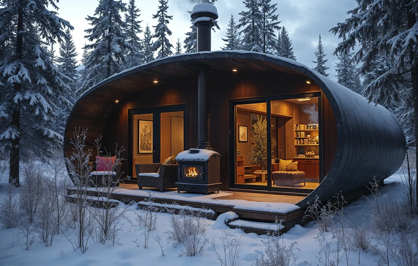 Photo wallpaper winter, forest, snow, trees, nature, tree, home, hut