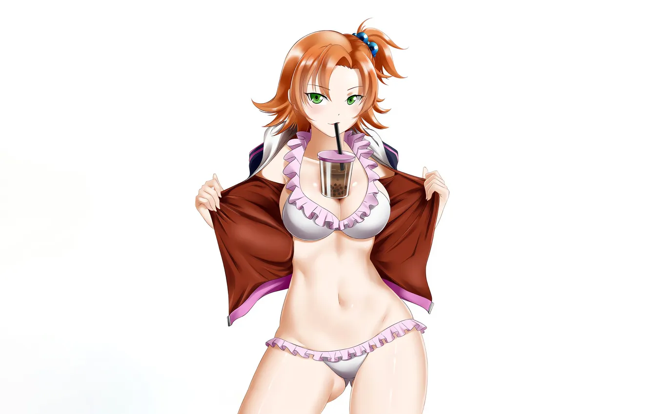 Photo wallpaper girl, sexy, cleavage, green eyes, boobs, anime, beautiful, short hair