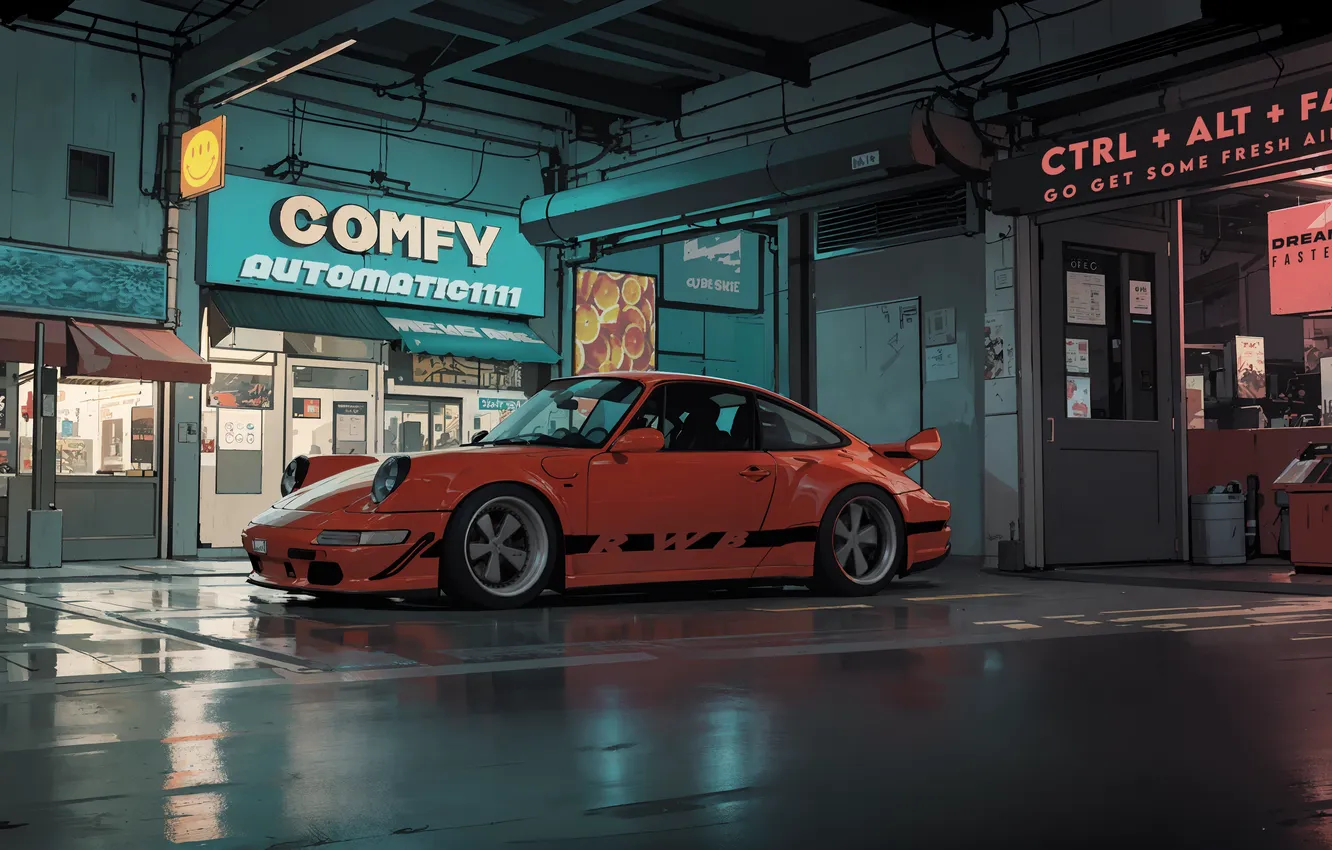 Photo wallpaper night, figure, anime, Porsche 911, neon sign