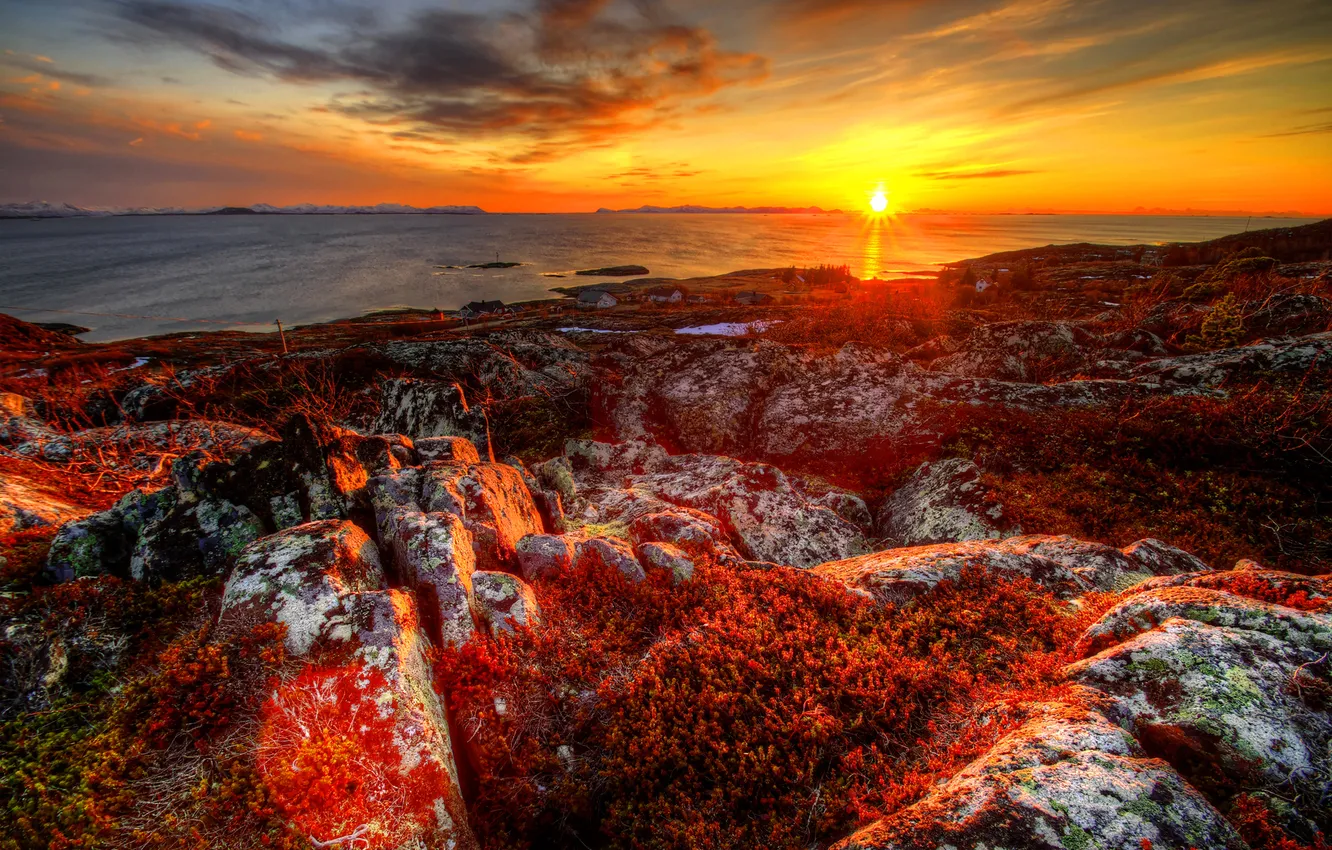 Photo wallpaper sea, the sky, the sun, sunset, stones, shore, Norway