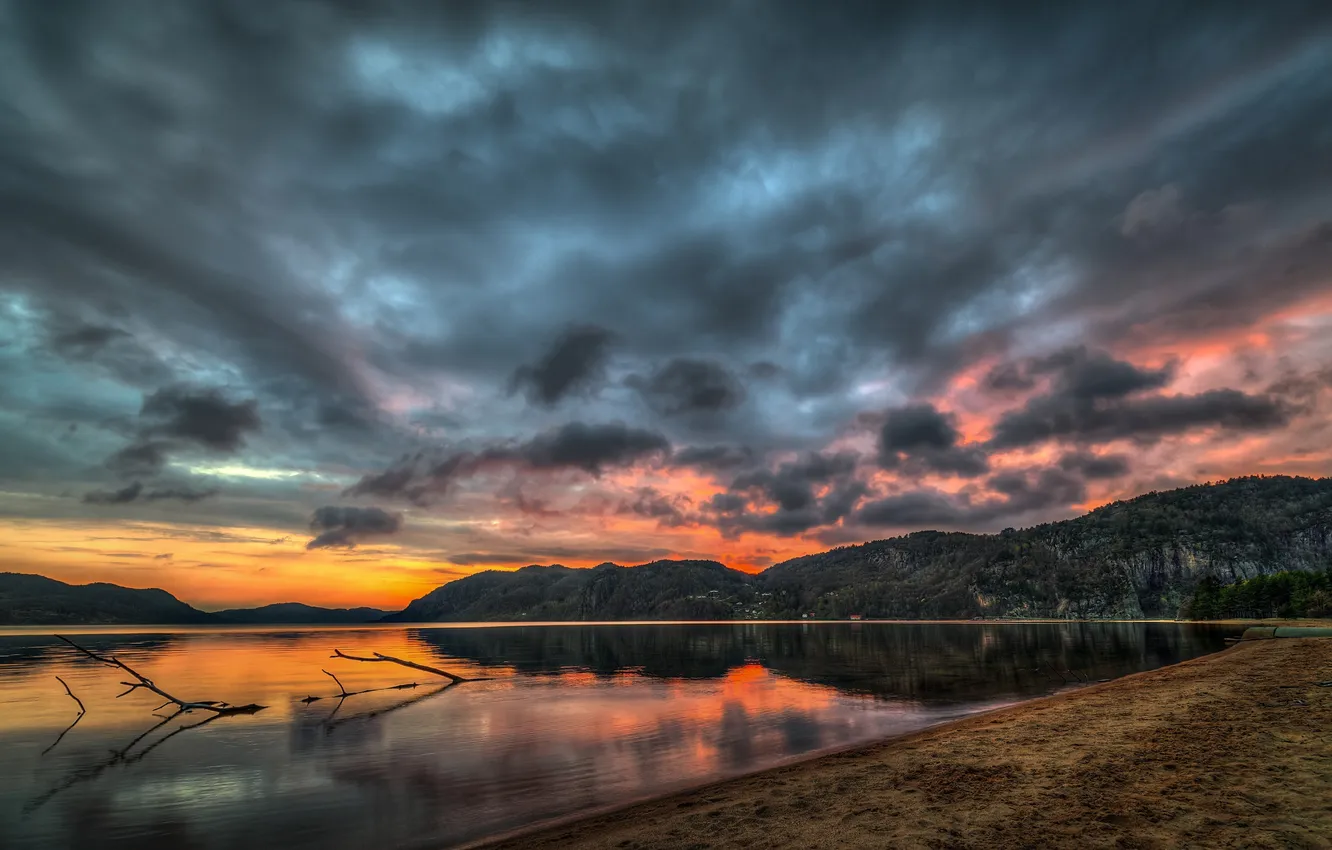 Photo wallpaper sunset, clouds, lake, hills, branch, the evening
