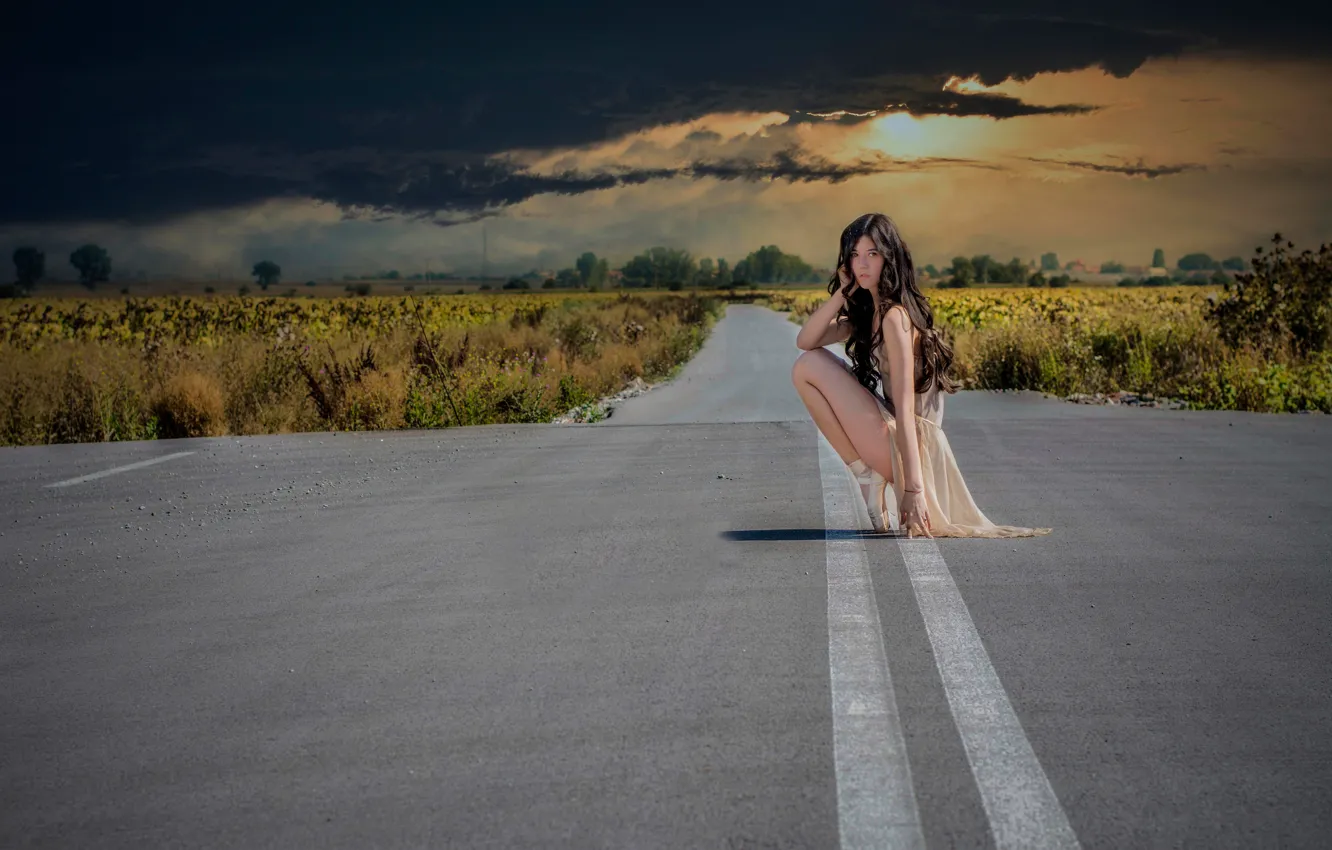 Photo wallpaper road, the sky, clouds, girl, ballerina, Pointe shoes