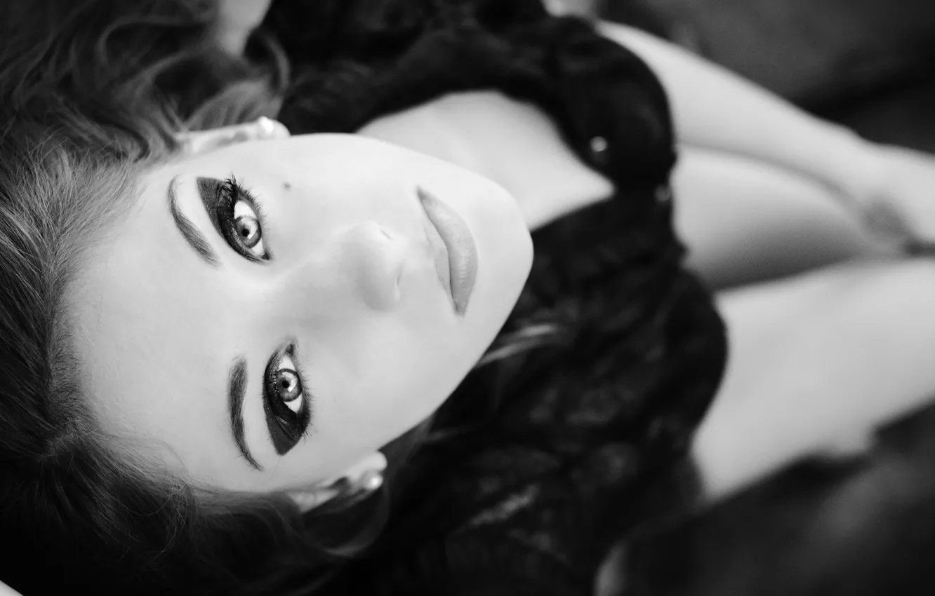 Photo wallpaper look, girl, face, black & white, black and white, monochrome