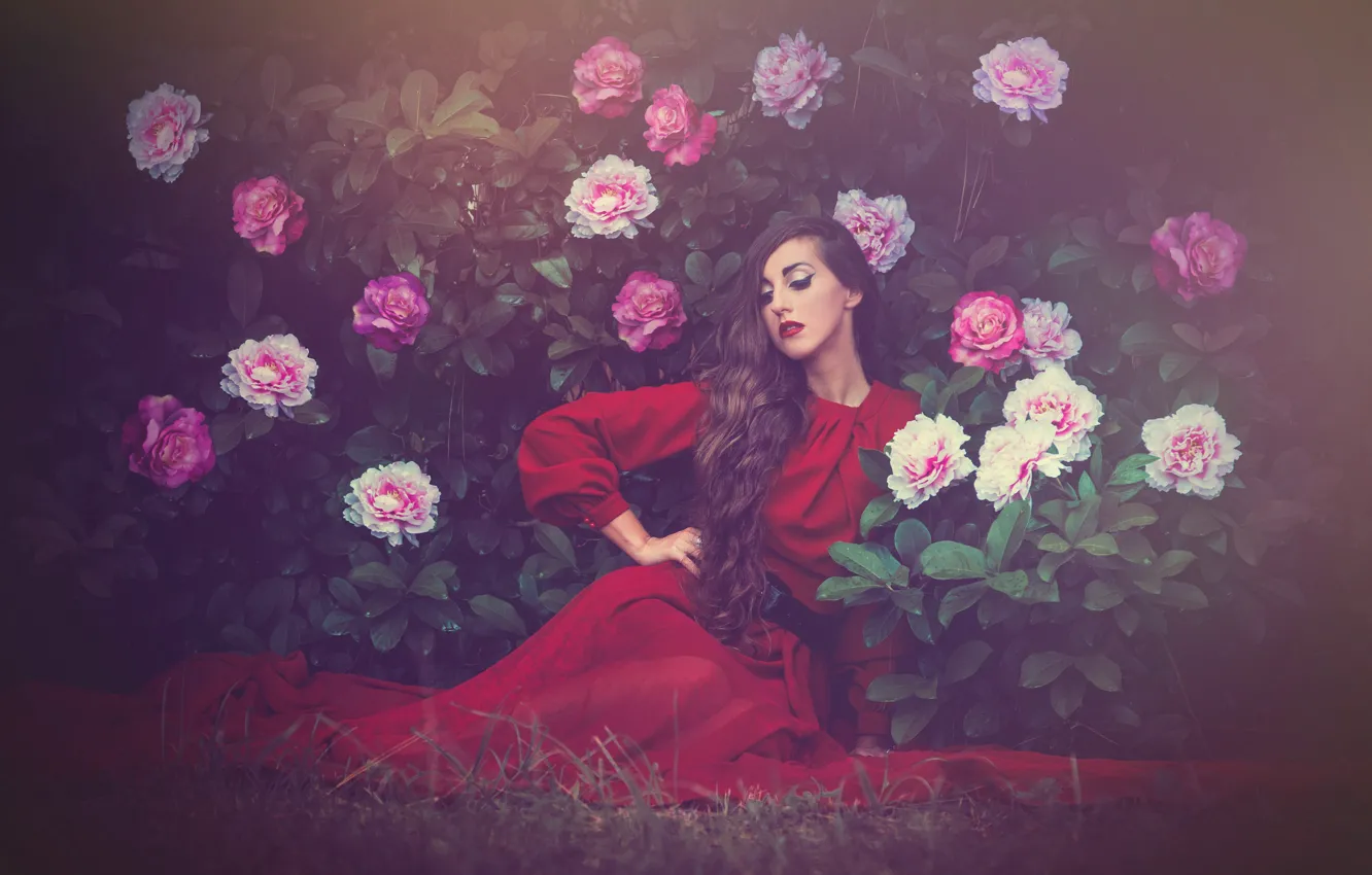 Photo wallpaper summer, leaves, girl, flowers, nature, pose, mood, glade