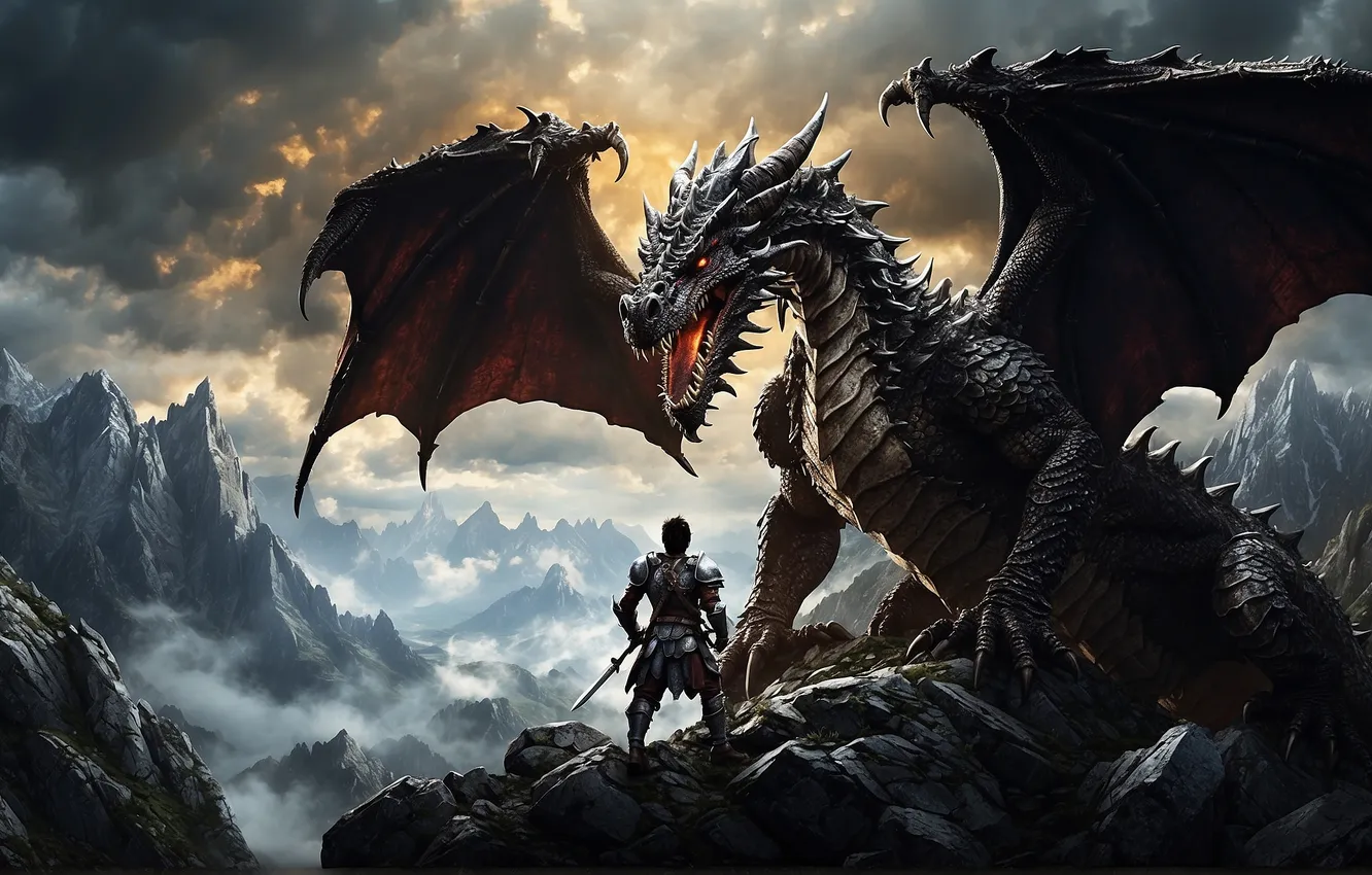 Photo wallpaper mountains, dragon, warrior, fantasy, knight