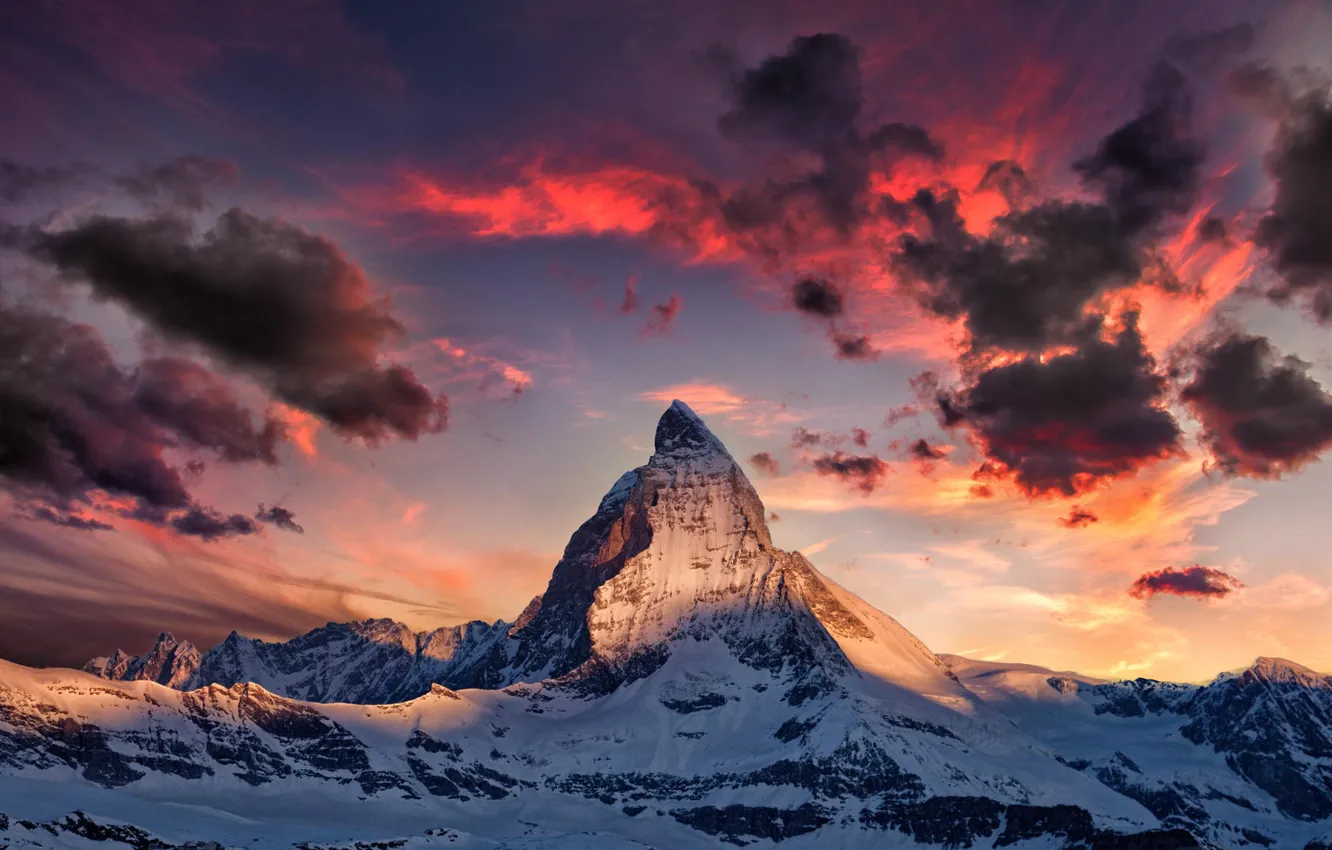 Photo wallpaper winter, snow, landscape, dawn, mountain, Alps