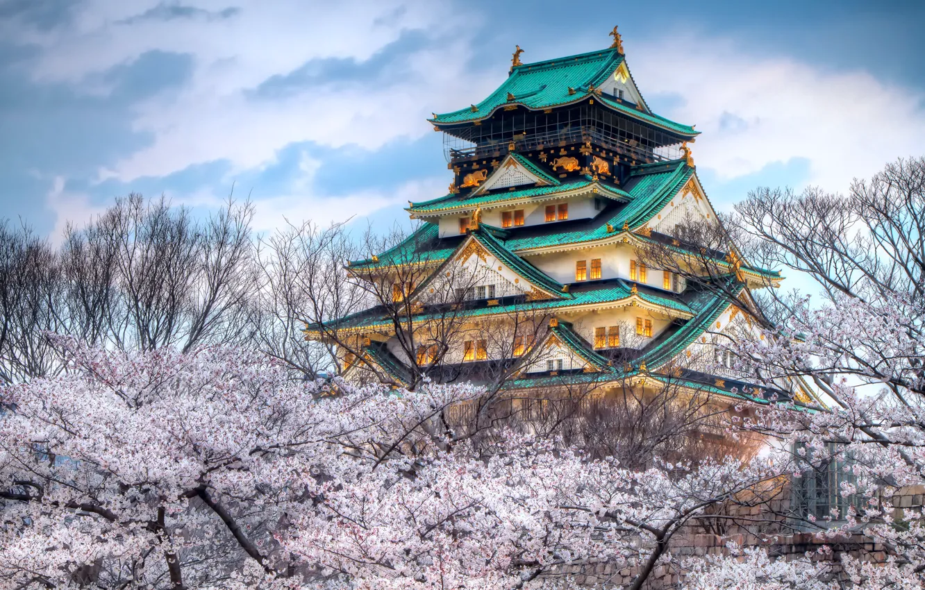 Photo wallpaper the sky, the city, Japan, color, spring, Sakura, temple