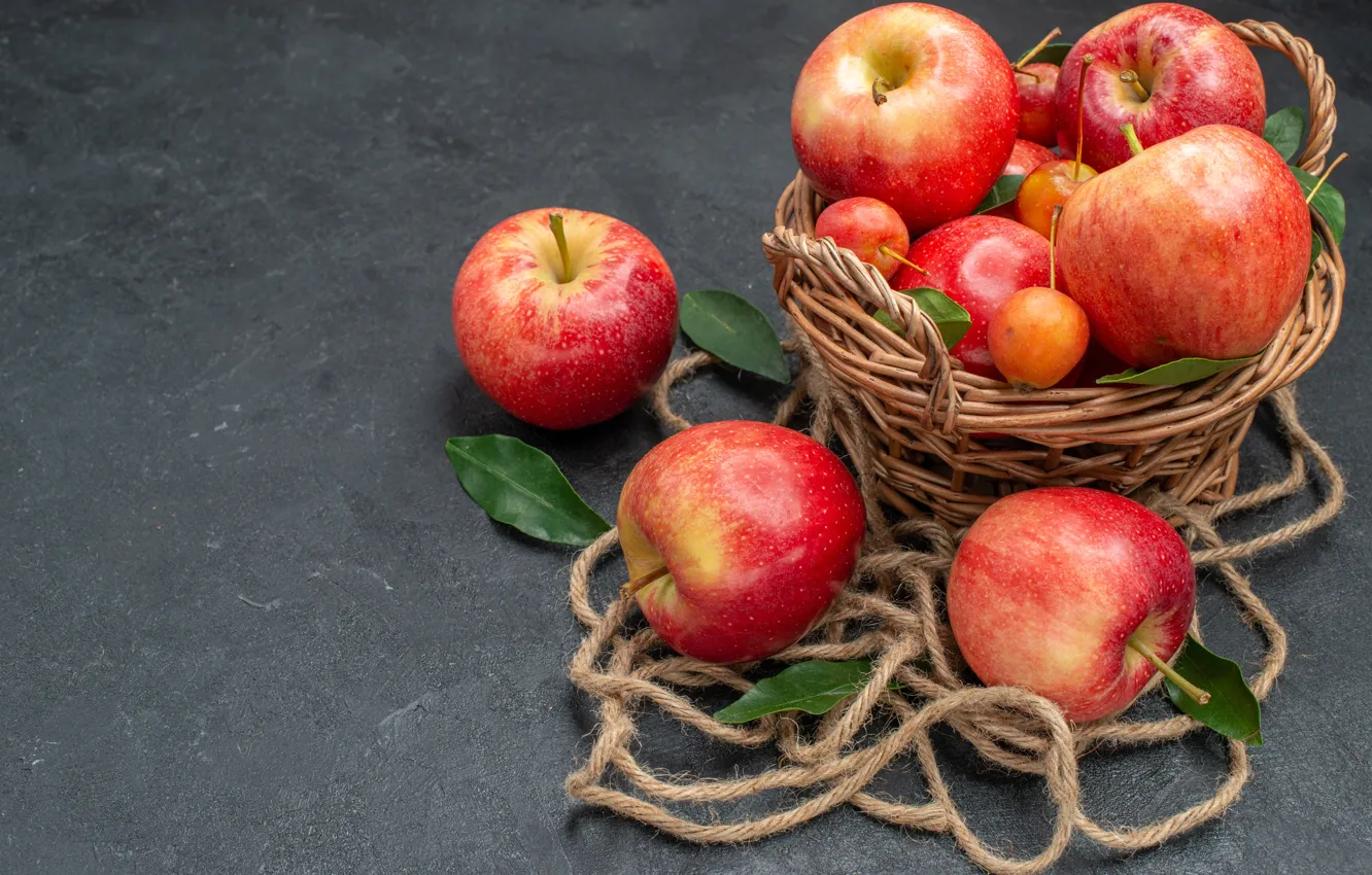 Photo wallpaper leaves, red, table, apples, rope, fruit, grey background, basket
