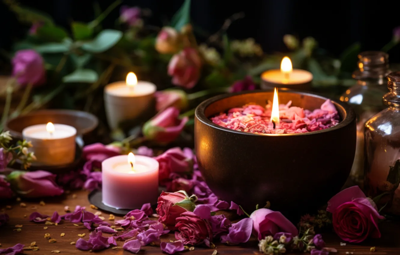 Photo wallpaper light, flowers, comfort, roses, candles, petals, AI art, neural network