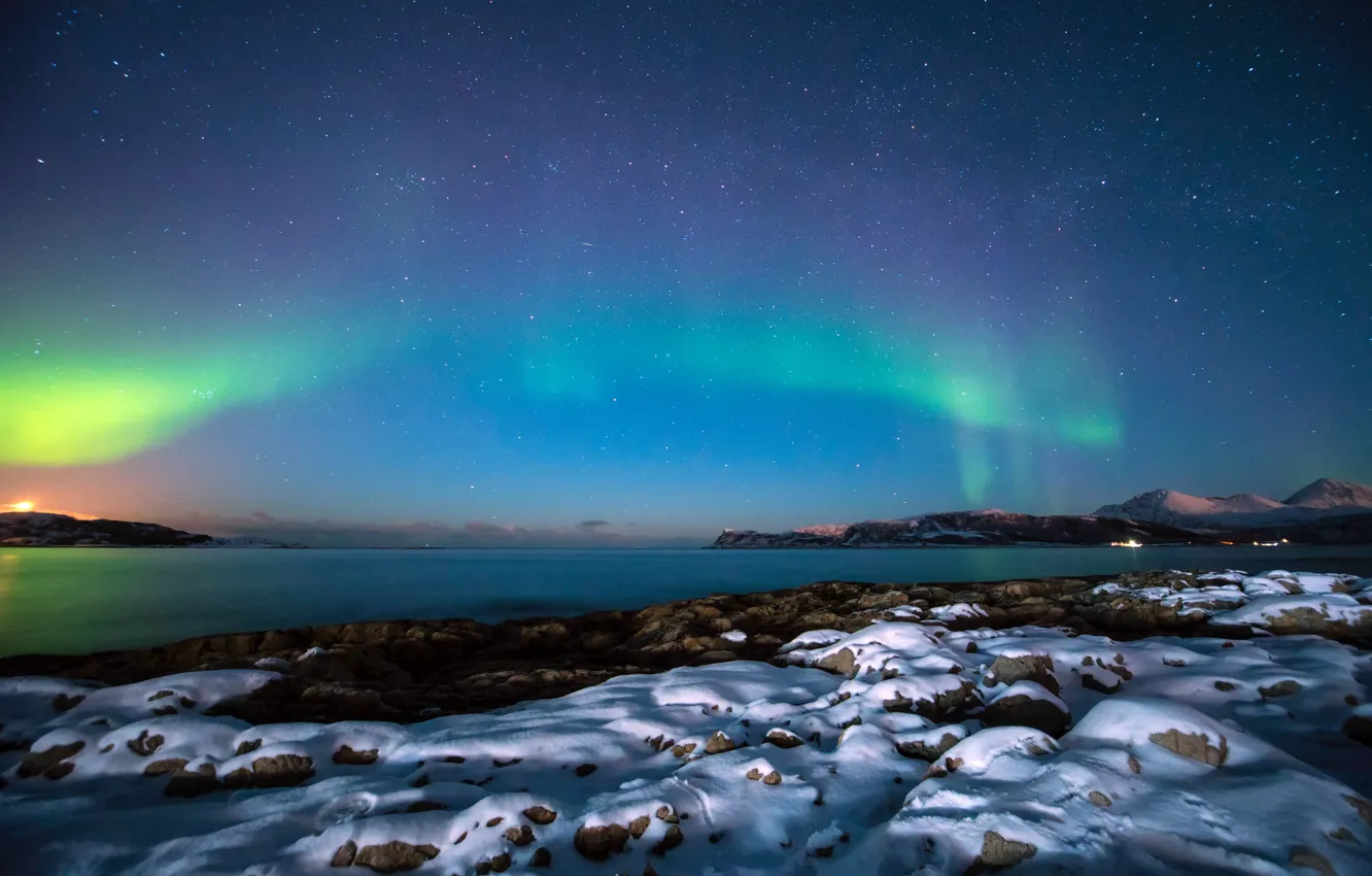 Photo wallpaper sea, night, Iceland, sea, night, boulders, polar lights, Aurora Borealis