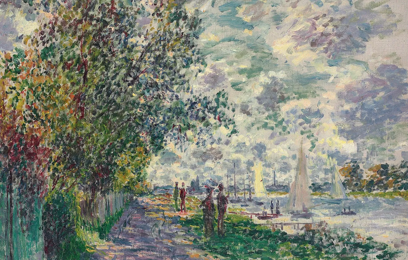 Photo wallpaper landscape, river, boat, picture, sail, Claude Monet, The Riverbank at Petit-Gennevilliers