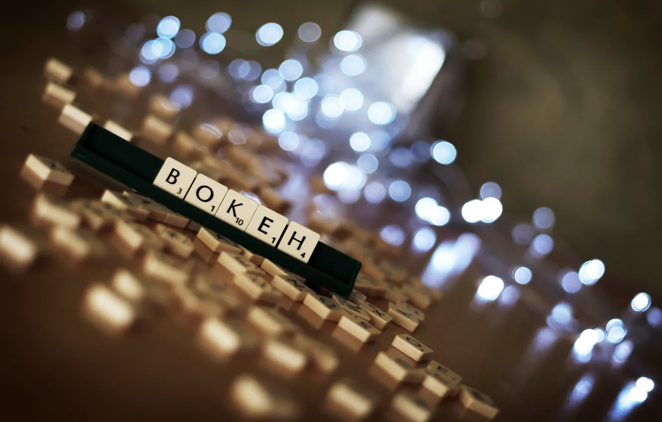 Photo wallpaper light, letters, cubes, the game, figures, on the table, bokeh, randomly