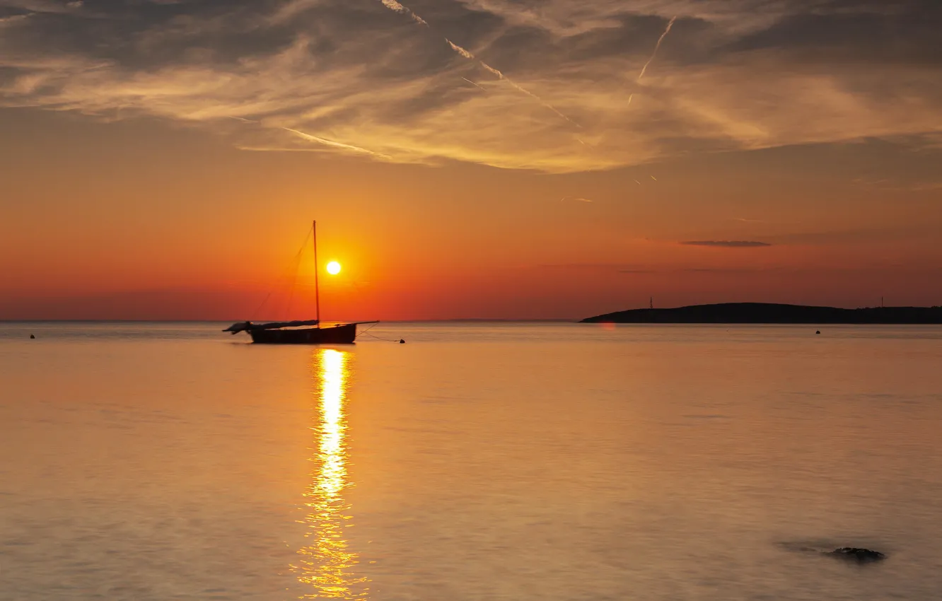 Photo wallpaper sea, sunset, boat