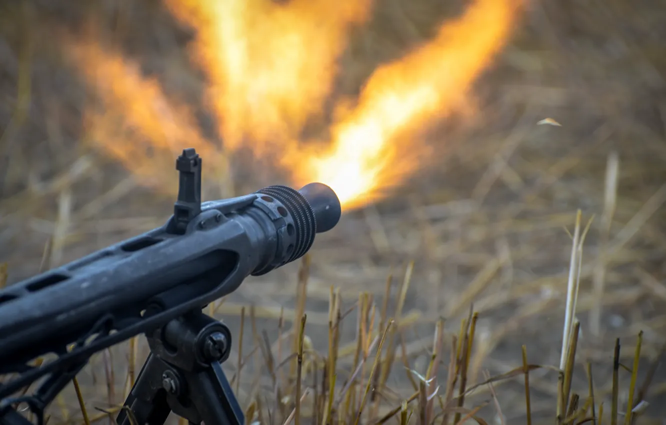 Photo wallpaper grass, lights, weapons, flame, shooting, MG-42, machine gun