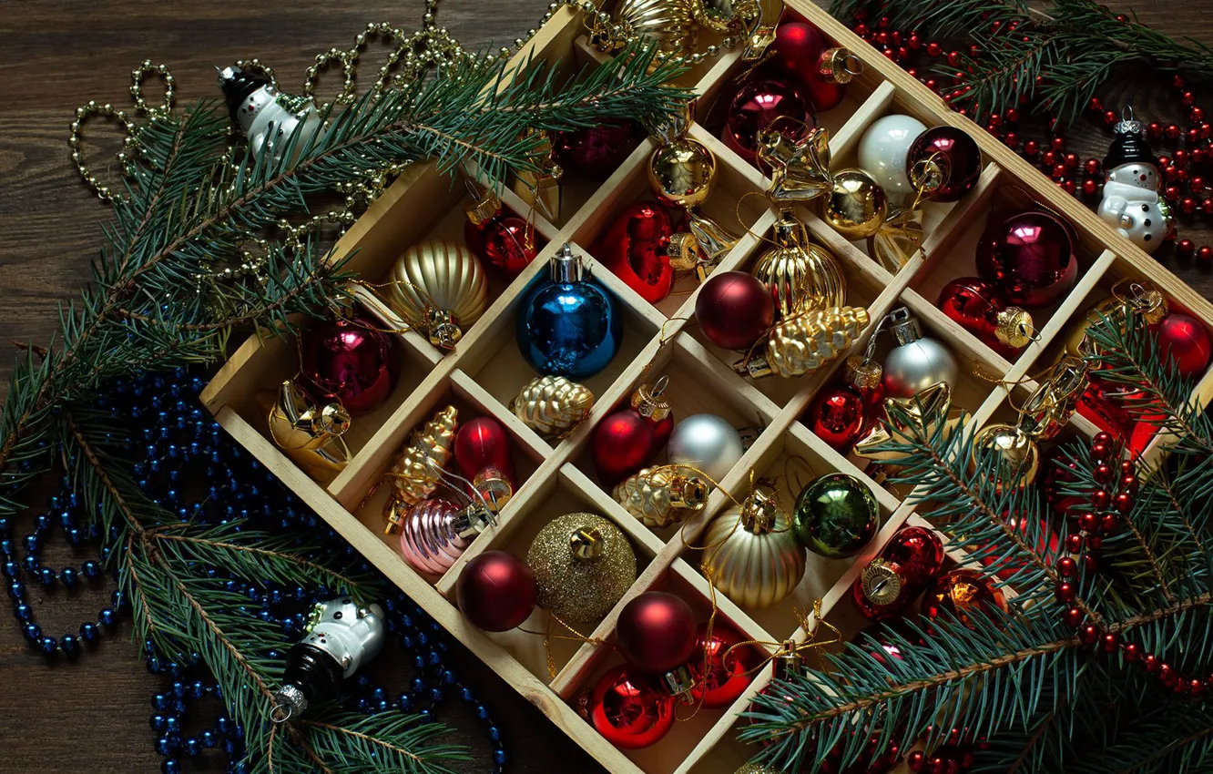 Photo wallpaper balls, box, balls, Christmas, New year, beads, box, Christmas decorations