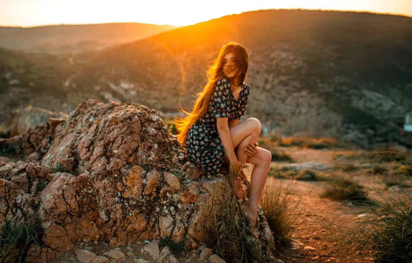 Photo wallpaper the sun, rays, stones, redhead, sundress, photographer Alexey Slesarev, MODEL ALINA