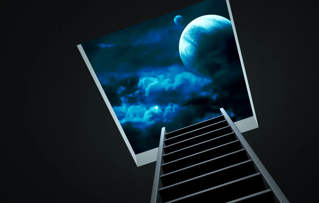 Photo wallpaper the sky, stars, night, the moon, planet, ladder