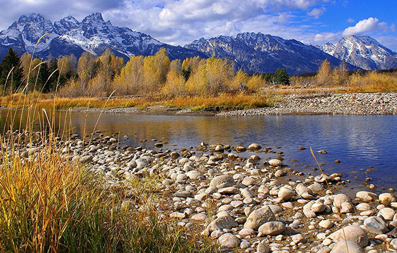 Photo wallpaper autumn, the sky, clouds, trees, mountains, river, stones