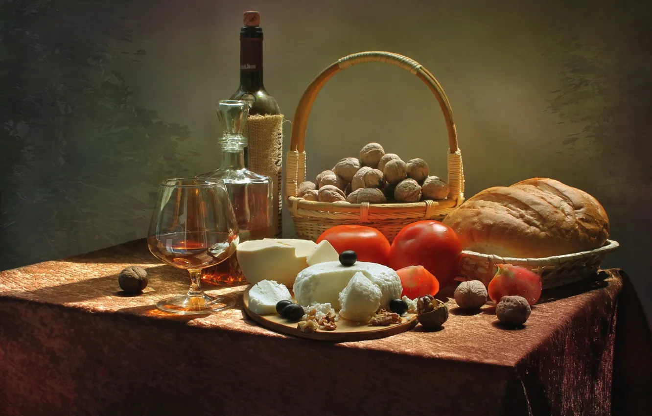 Photo wallpaper wine, cheese, bread, nuts, tomato, olives